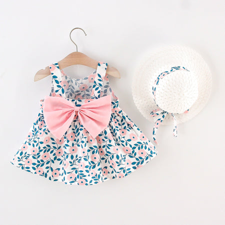 2pcs Floral Print Bowknot Sleeveless Baby Dress