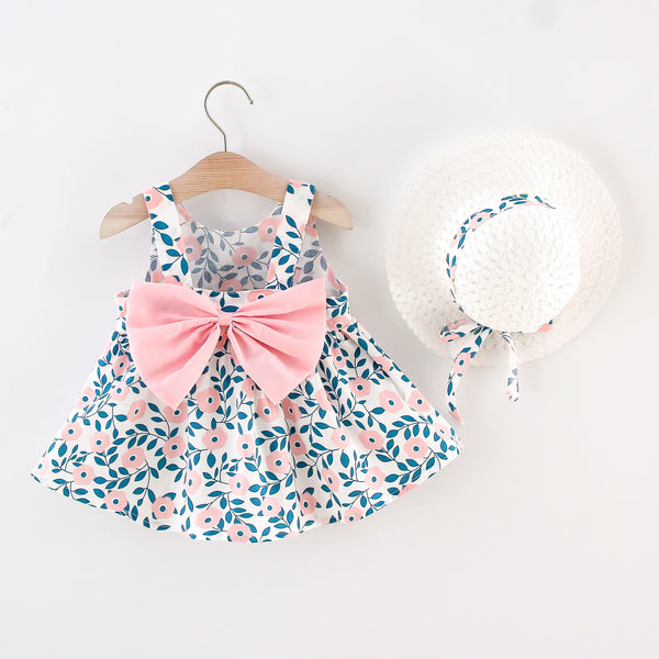 Vestido de bebé sin mangas con lazo y estampado floral de 2 piezas