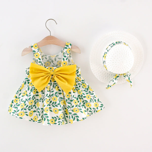 Vestido de bebé sin mangas con lazo y estampado floral de 2 piezas