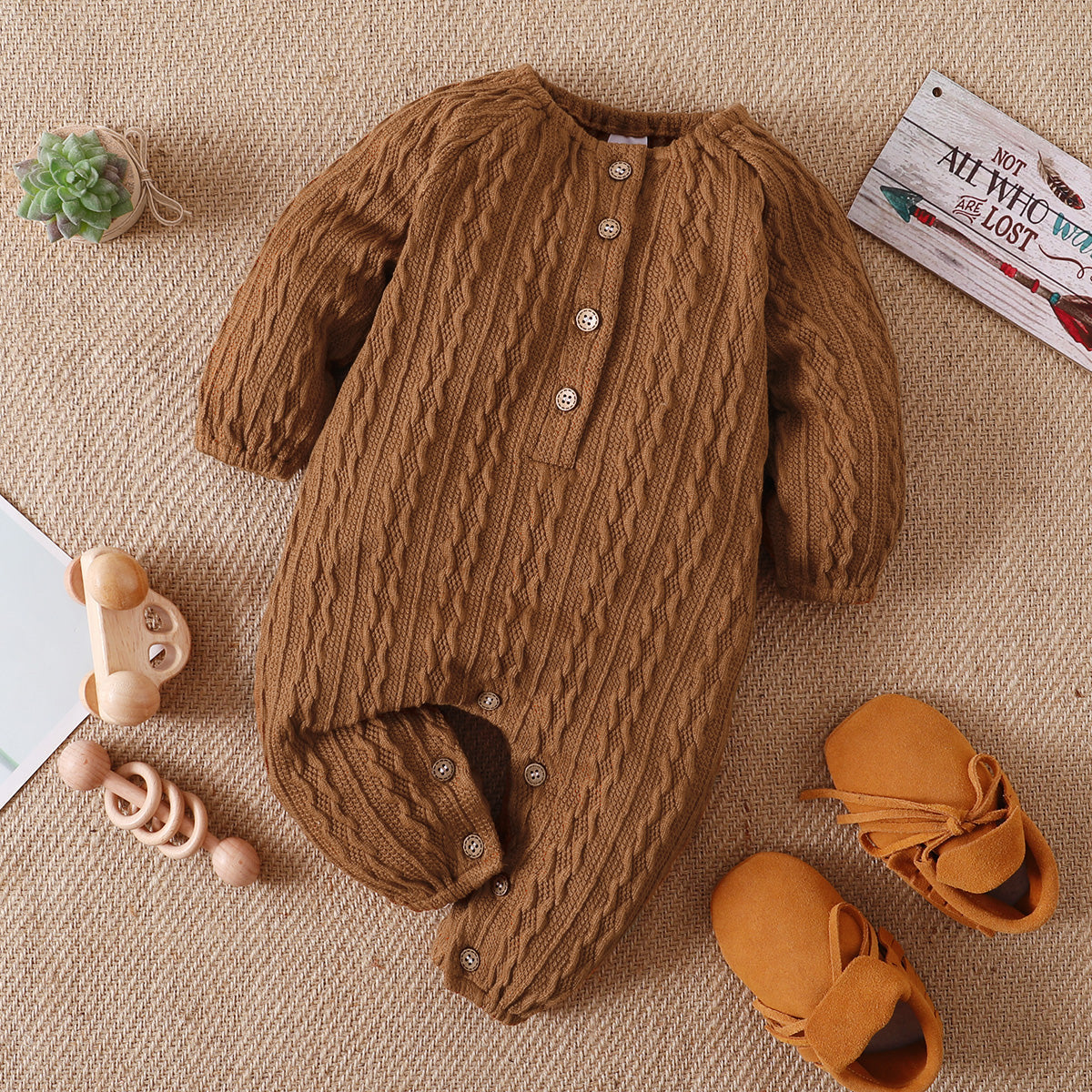 Solid Knitted Button Design Long-sleeve Baby Jumpsuit