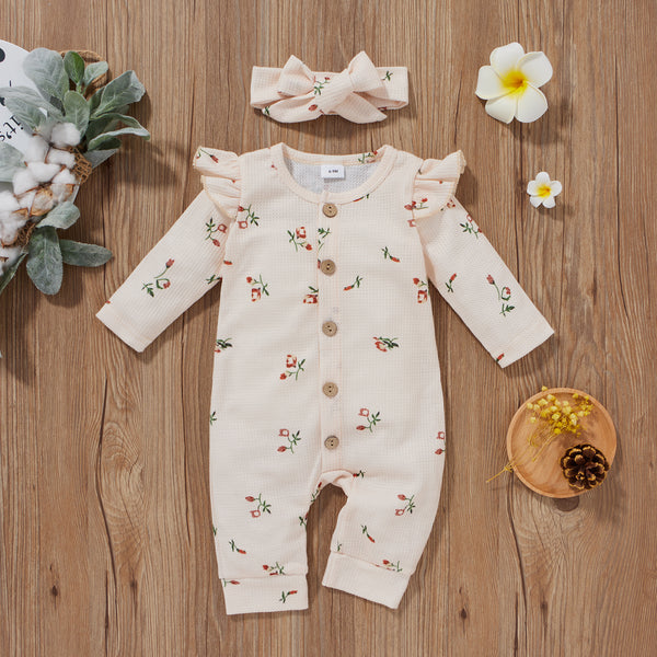 2pcs Floral Allover Waffle Long-sleeve Baby Set