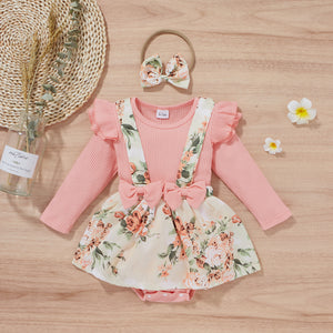 Ribbed 2pcs Floral Print Faux-two Design Long-sleeve Pink Baby Romper