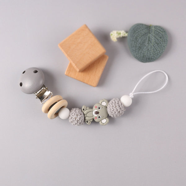 Silicone Teether Wood Beads Set DIY Baby Teething Necklace Toy Cartoon Koala Pacifier chain Clip