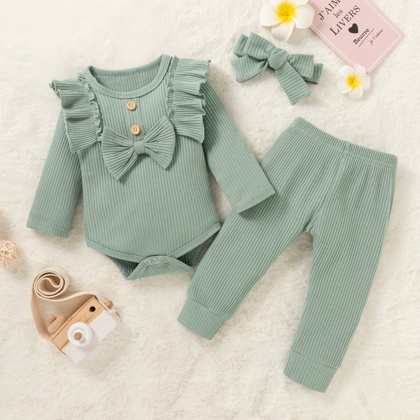 Baby 3pcs Cotton Solid Ribbed Long-sleeve Ruffle Bowknot Romper Set
