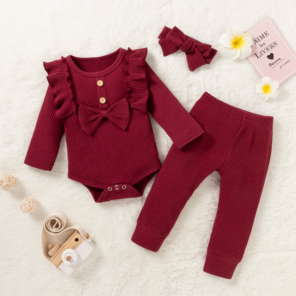 Baby 3pcs Cotton Solid Ribbed Long-sleeve Ruffle Bowknot Romper Set
