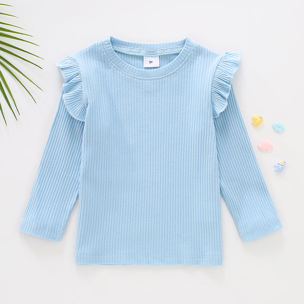 Toddler Girl Ruffled Casual Solid Ribbed Long sleeve Top