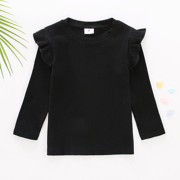 Toddler Girl Ruffled Casual Solid Ribbed Long sleeve Top