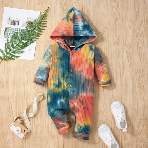 Ribbed Tie Dyed Hooded Long sleeve Baby Jumpsuit