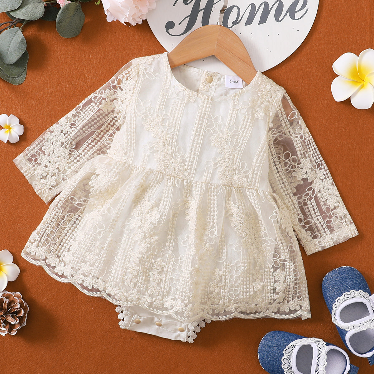 Floral Lace Splicing Beige Long-sleeve Baby Romper Dress