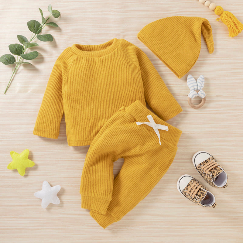Baby BoyGirl 3pcs Solid Ribbed Long-sleeve Pullover and Trouser Set