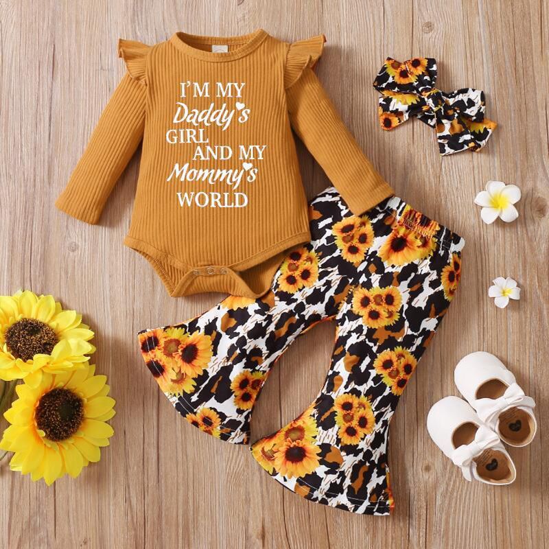 3pcs Baby Letter Embroidered Ribbed Long-sleeve Romper and Sunflower Floral Print Bell Bottom Pants Set US Sale