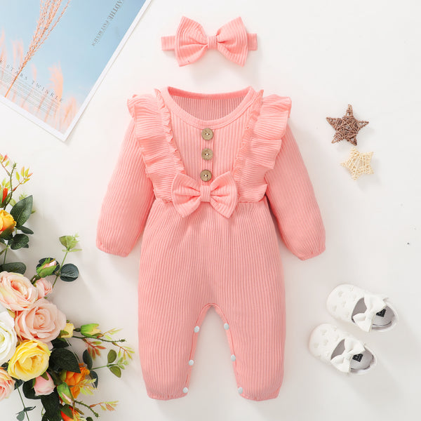 Baby 2pcs Solid Ribbed Ruffle Bowknot Long-sleeve Cotton Jumpsuit
