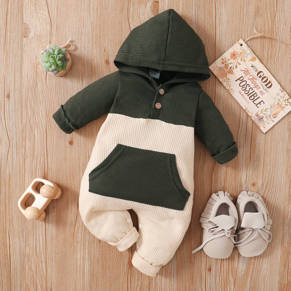 Waffle Colorblock Long-sleeve Hooded Baby Jumpsuit