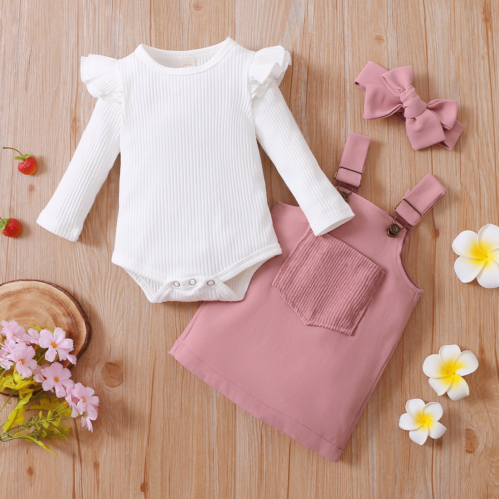 Baby 3pcs  White Ribbed Long-sleeve Romper and Solid Suspender Dress Set