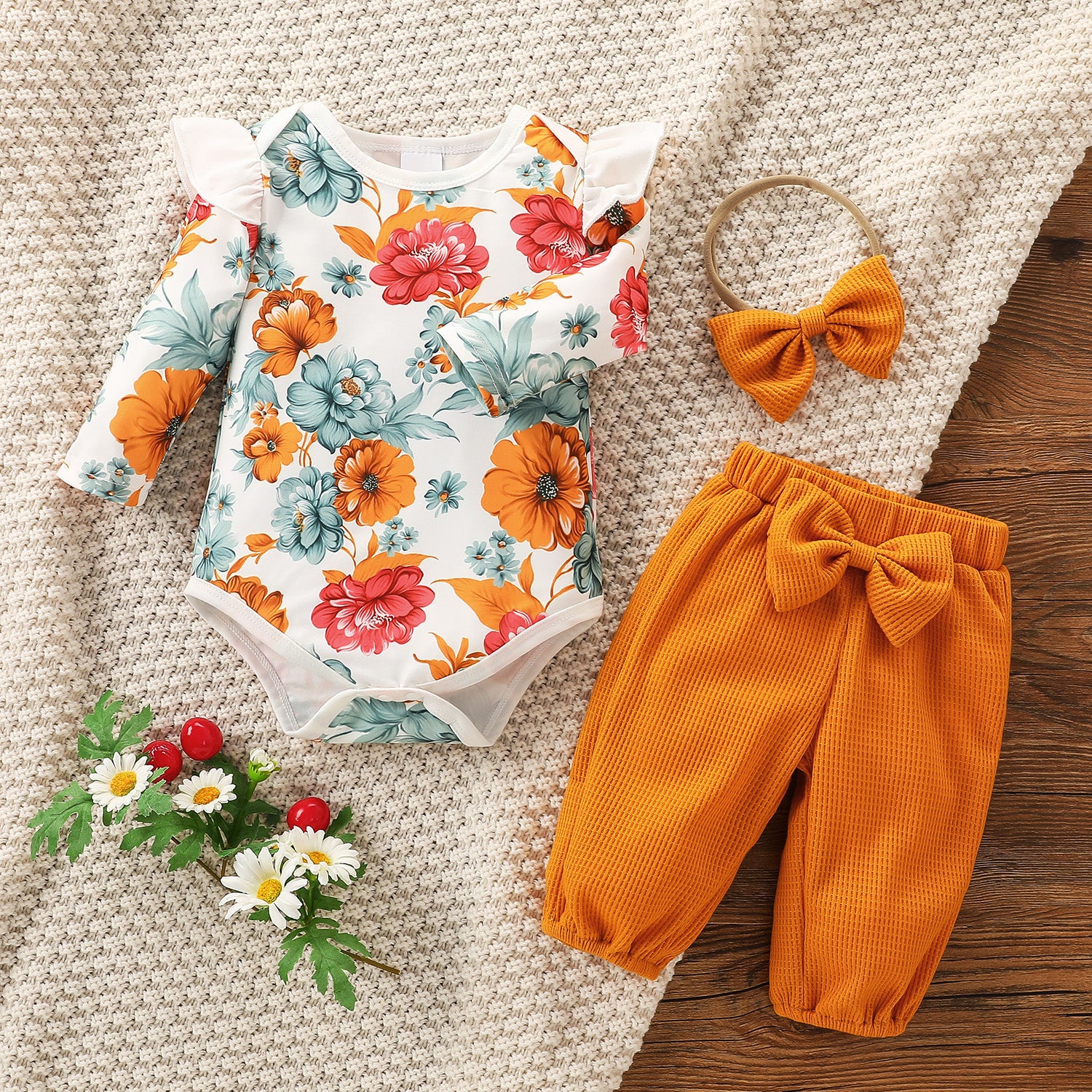 Baby 3pcs Floral Print Long-sleeve Romper and Solid Waffle Trouser Set