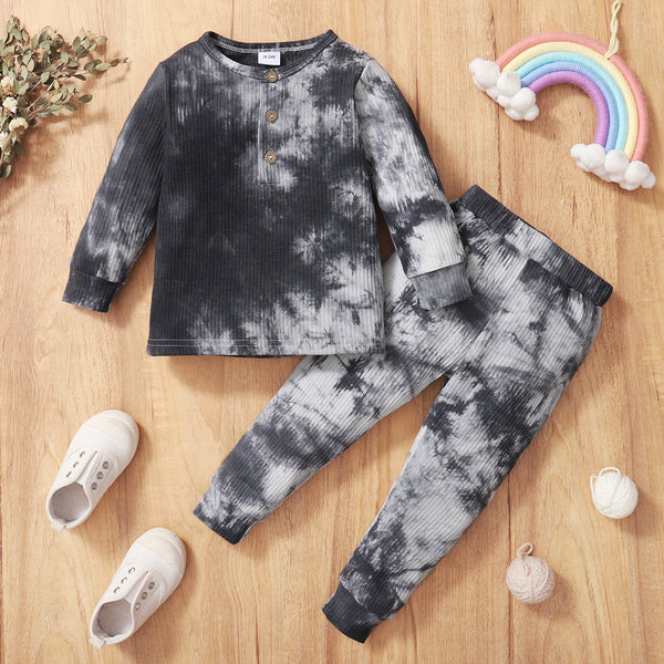2-piece Toddler Girl Boy Tie Dye Long-sleeve Ribbed Henley Shirt and Elasticized Pants Set