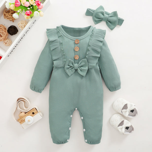 Baby 2pcs Solid Ribbed Ruffle Bowknot Long-sleeve Cotton Jumpsuit