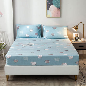 100% Cotton Cartoon Sheep Print Blue Bed Fitted Sheet Deep Pocket Mattress Cover Breathable No Pillow Shams