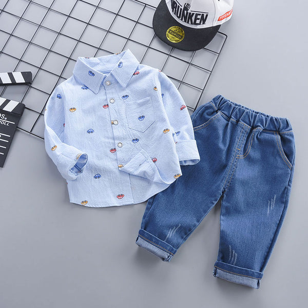 2-piece Toddler Boy Car Print Lapel Collar Button Down Long-sleeve Shirt and Jeans Denim Pants Set
