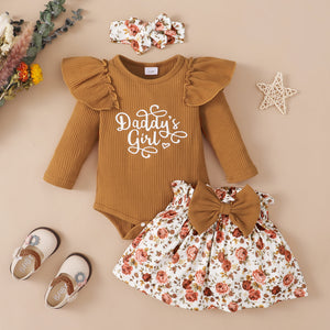 Baby 3pcs Letter Print Ruffle Long-sleeve Ribbed Romper and Floral Shorts Set