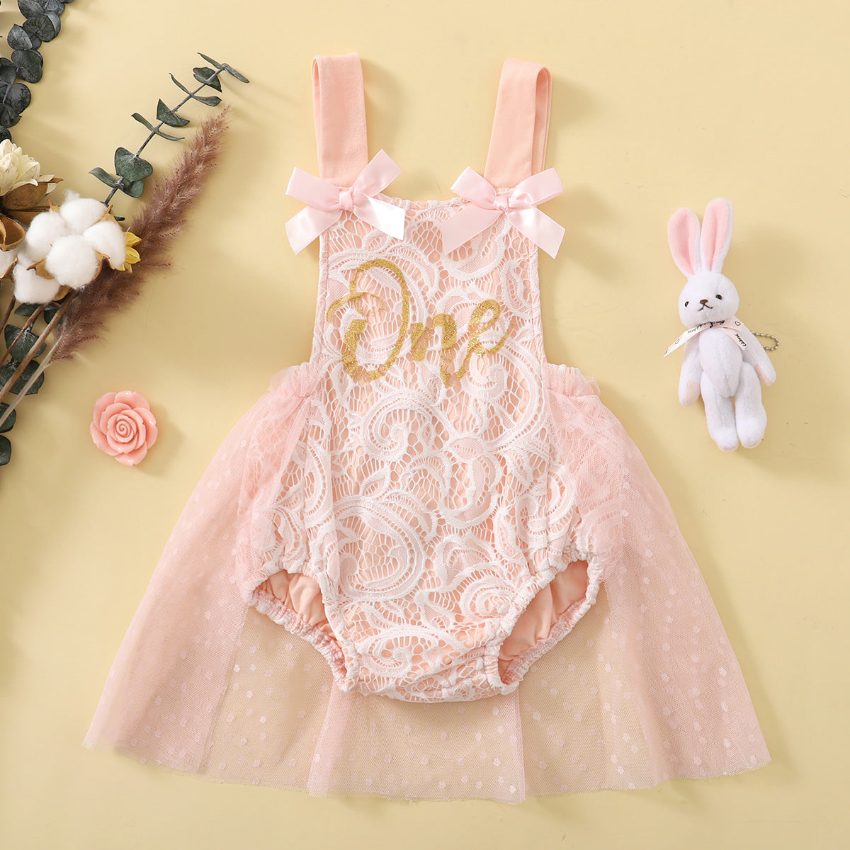 Baby Pink Floral Lace and Mesh Splicing Sleeveless Letter Romper Party Dress