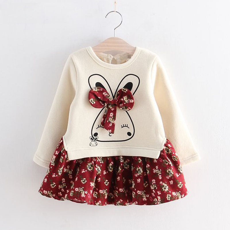 Cartoon Rabbit and Floral Print Bowknot Long-sleeve Faux-two Baby Cotton Dress