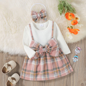 Baby 2pcs White Ribbed Splicing Pink Plaid Bowknot Long-sleeve Faux-two Dress Set