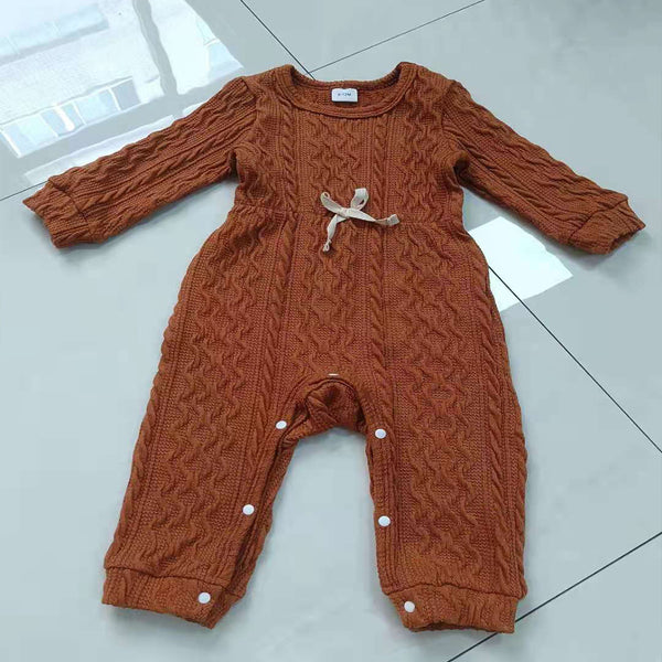 Baby Girl Solid Cable Knit Long-sleeve Snap-up Jumpsuit