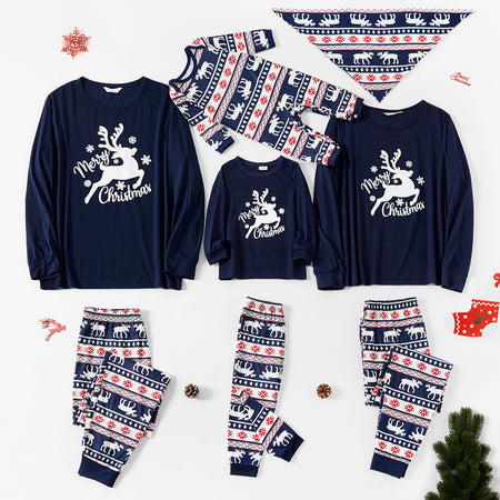 Christmas Deer and Letters Print Navy Family Matching Long-sleeve Pajamas Sets (Flame Resistant)