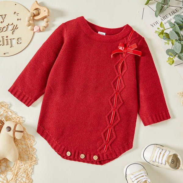 Baby Girl Bowknot Long-sleeve Knitting Sweater Romper