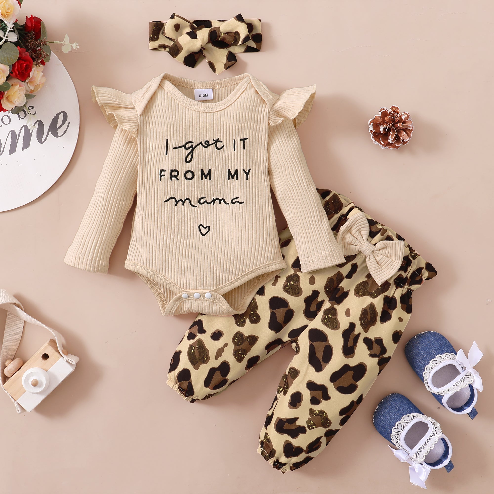 3pcs Baby Letter Embroidered Ruffle Long sleeve Ribbed Romper and Leopard Pants Set