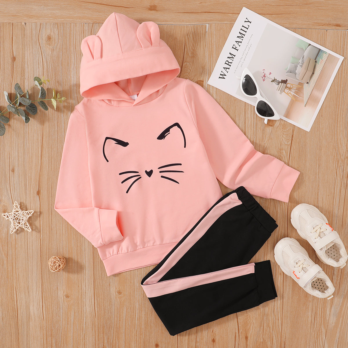 2-piece Kid Girl Animal Cat Print Hoodie Sweatshirt and Colorblock Pants Set