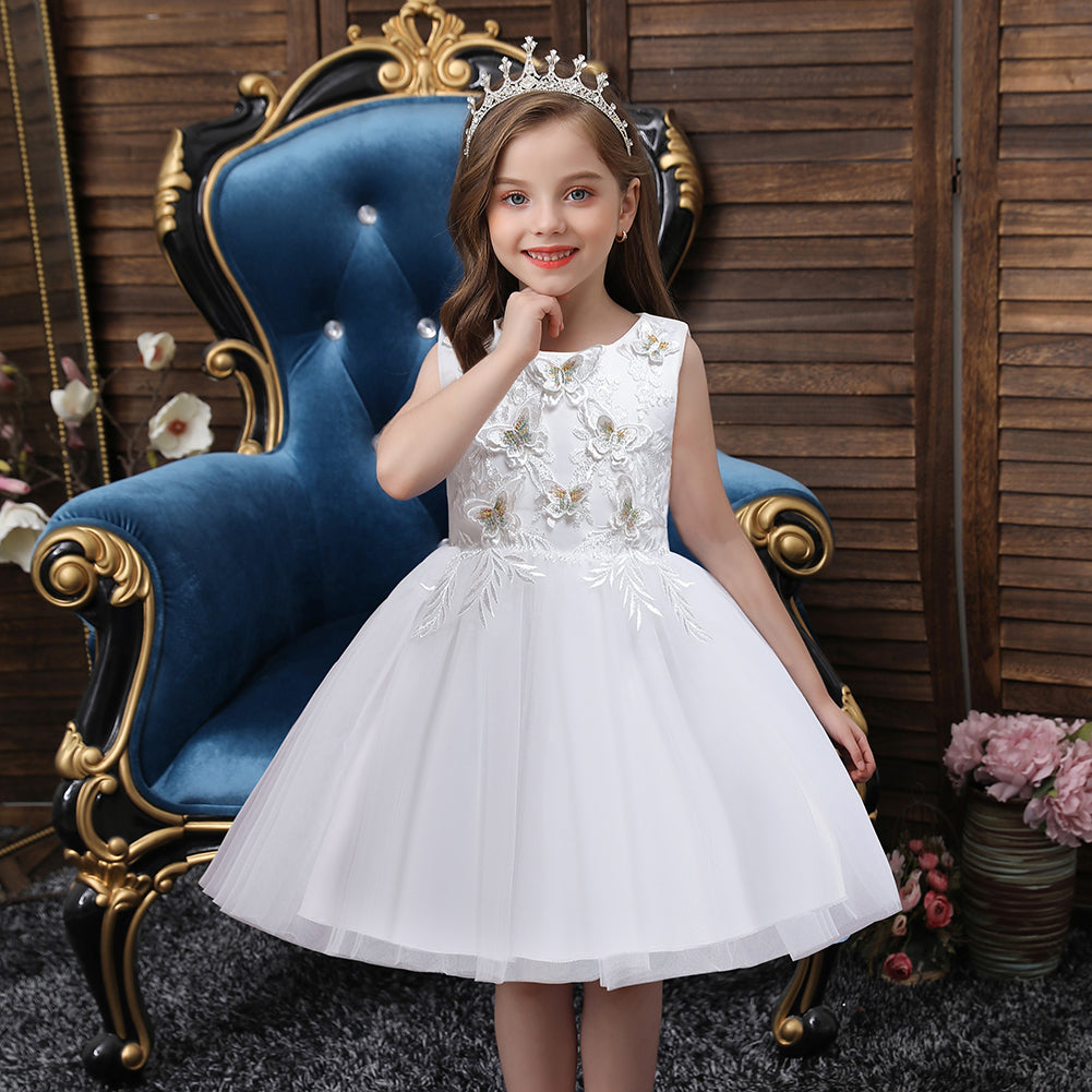 Kid Girl Floral Butterfly Embroidered Sleeveless Princess Party Mesh Dress