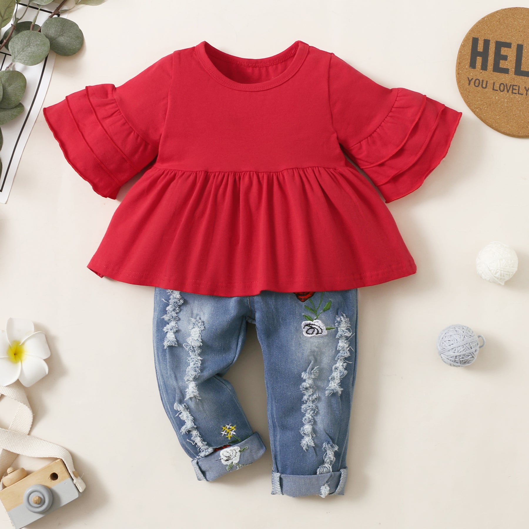 2pcs Baby Red Bell Sleeve Loose-fit Top and Floral Embroidered Ripped Denim Jeans Set