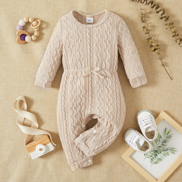 Baby Girl Solid Cable Knit Long-sleeve Snap-up Jumpsuit