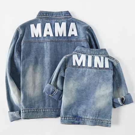 Light Blue Letter Design Long-sleeve Distressed Denim Jacket for Mom and Me Sale