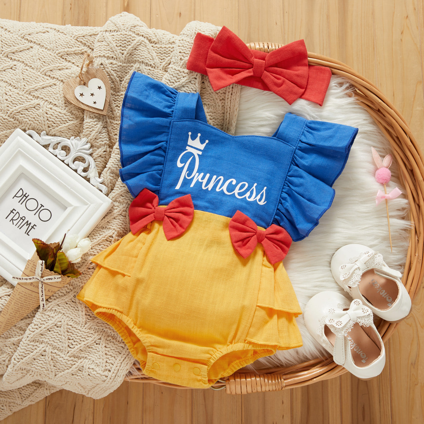 100% Cotton 2pcs Letter Print Color Block Sleeveless Layered Ruffle Baby Princess Romper Set