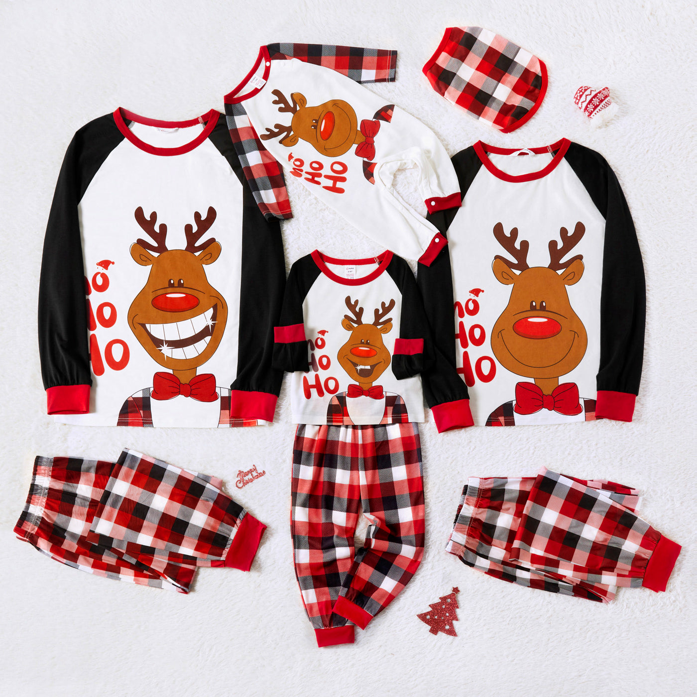 Christmas Reindeer and Letter Print Family Matching Raglan Long sleeve Plaid Pajamas Sets (Flame Resistant)