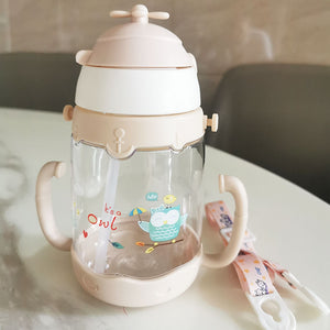 450ML Straw Water Cup Water Bottle with Scale Cartoon Portable Straw Water Bottle Sippy Cup with Lanyard