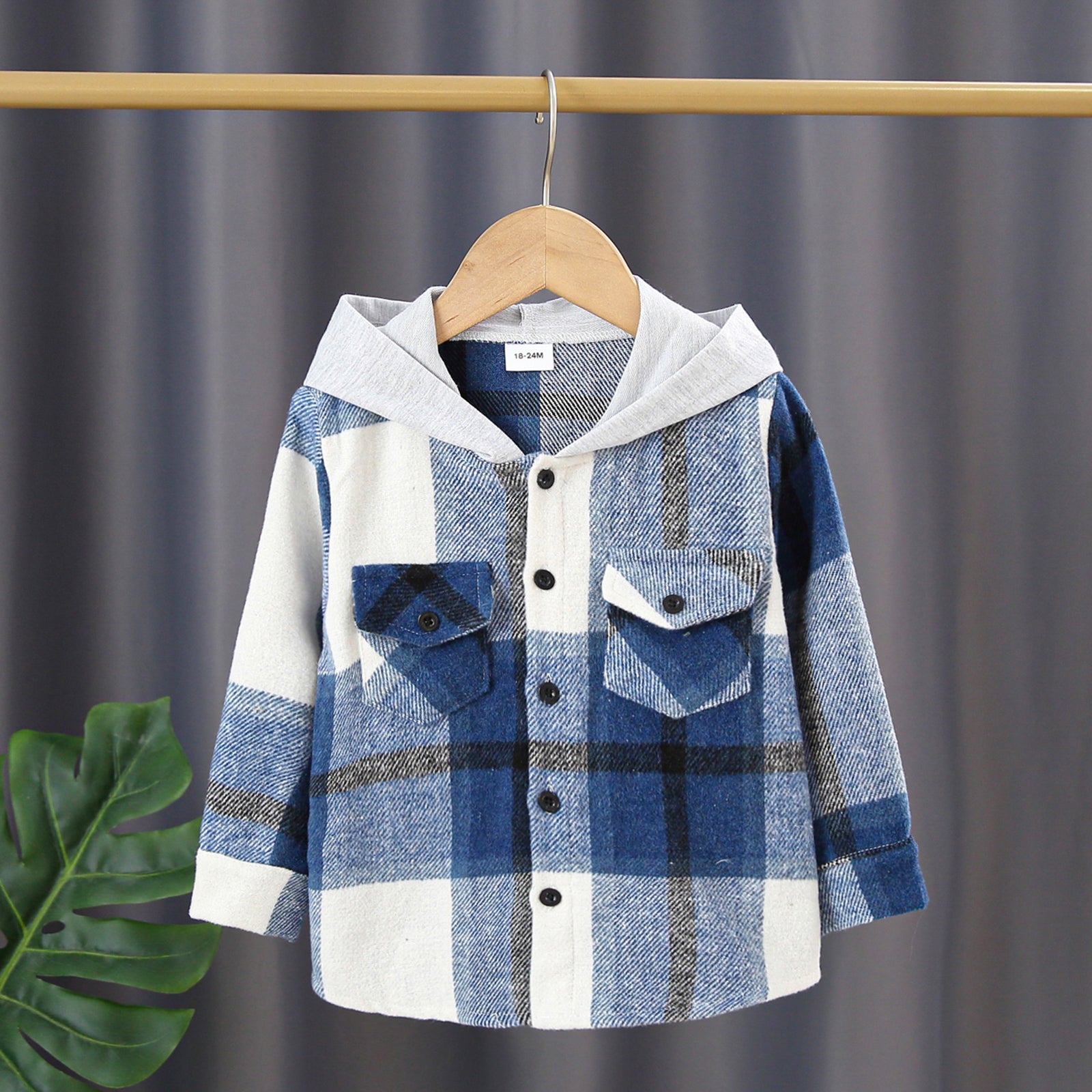 Toddler GirlBoy 100% Cotton Button Design Plaid Hooded Jacket