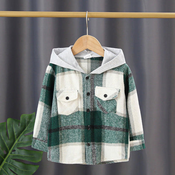 Toddler GirlBoy 100% Cotton Button Design Plaid Hooded Jacket