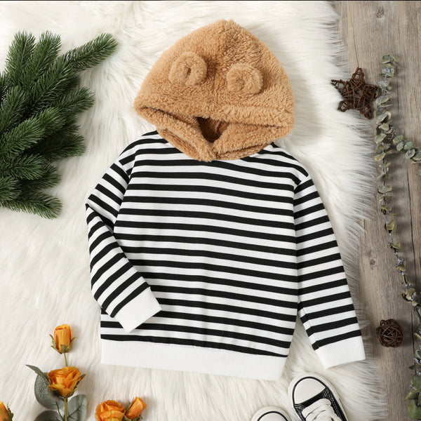 Toddler Boy StripeSolid Color Ear Design Fuzzy Hoodie Sweatshirt