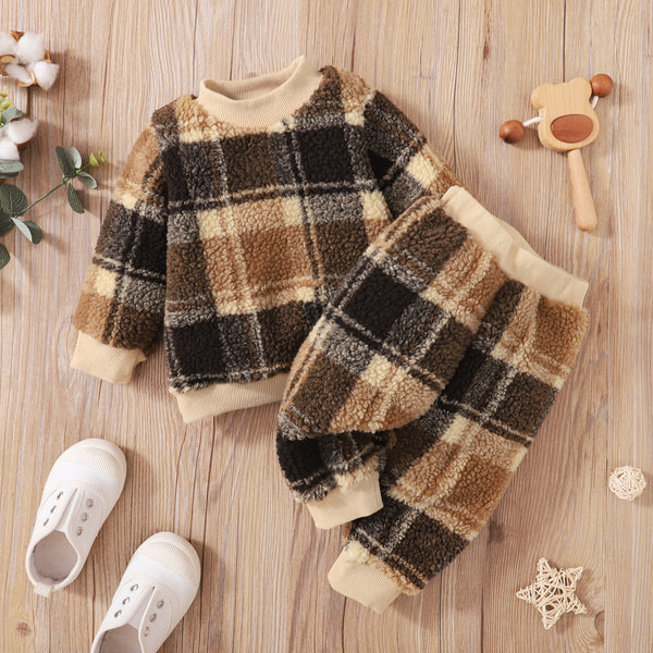 2-piece Toddler Boy Plaid Fuzzy Pullover Sweatshirt and Pants Set