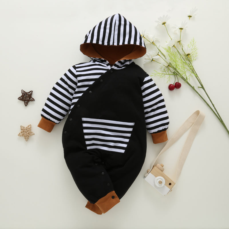 Striped Splicing Long sleeve Hooded Baby Snap up Jumpsuit