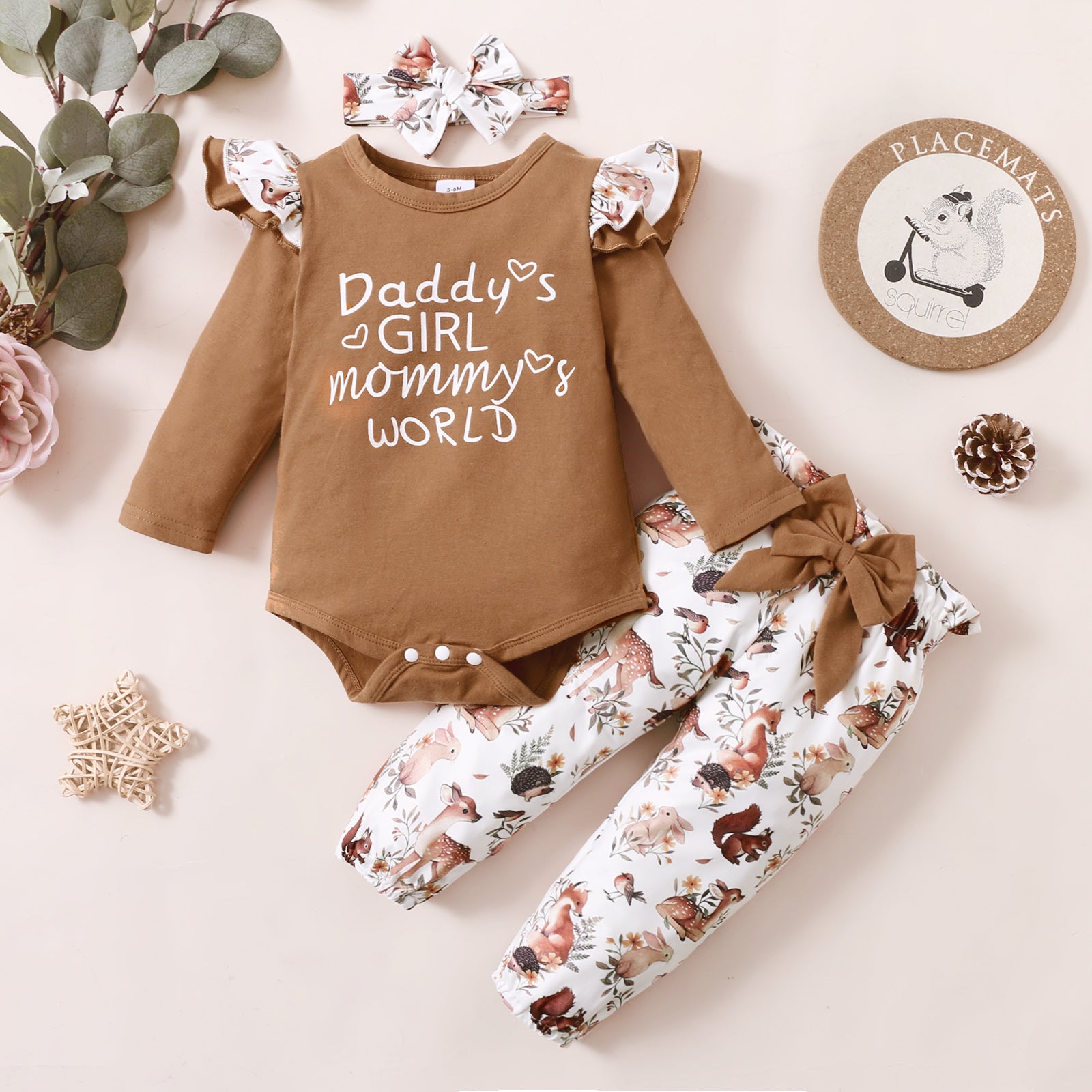 3pcs Baby Letter Print Ruffle Long-sleeve Romper and Floral Trousers Set