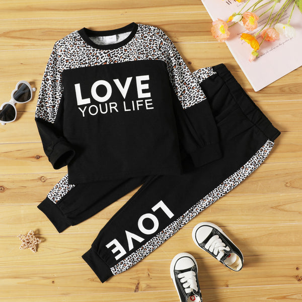 2-piece Toddler Girl Letter Leopard Print Sweatshirt and Pants Set