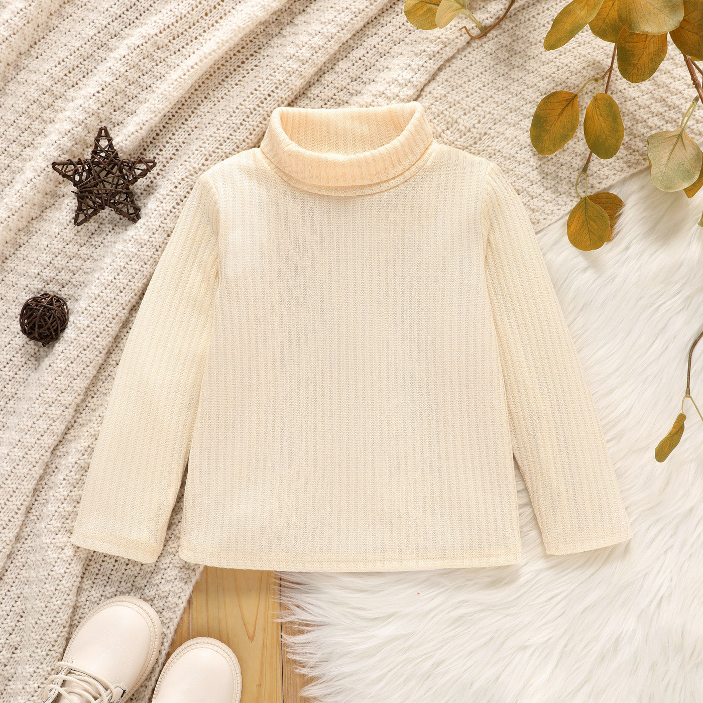 Toddler Girl Turtleneck Ribbed Solid Color Long-sleeve Tee