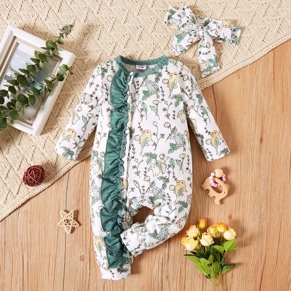 2pcs Baby Girl Ribbed GreenWhite Rabbit Print Long-sleeve Ruffle Jumpsuit Set