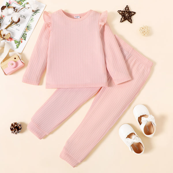 2-piece Toddler Girl Ruffled Textured Long-sleeve Top and Solid Color Pants Set