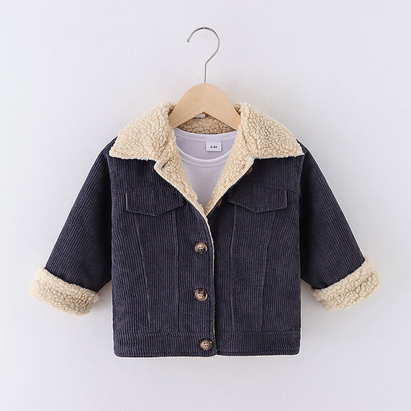 Toddler GirlBoy Lapel Collar Button Design Fleece Lined Coat